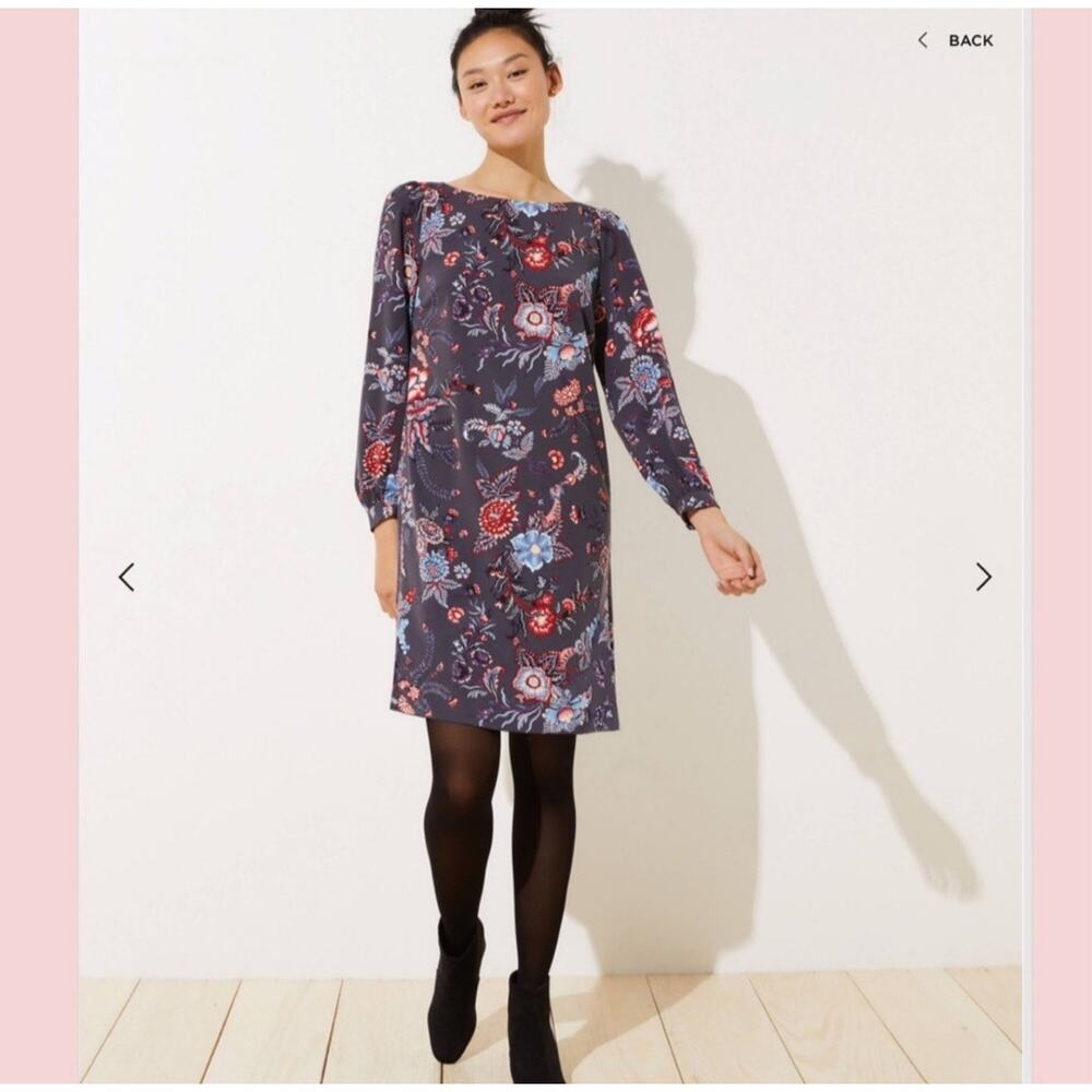 Floral Long-Sleeve Shift Dress in Navy / Purple